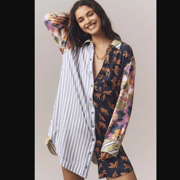 New S Anthropologie The Soren mixed-print mini shirt dress by Maeve - Picture 2 of 11